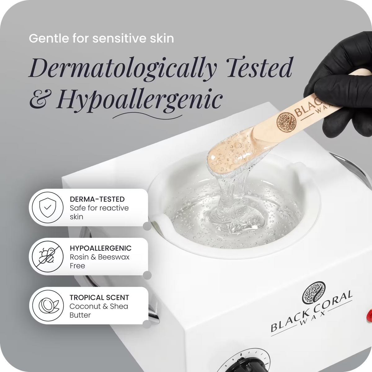 Mae'mae hard wax application from warmer – derma-tested, hypoallergenic, rosin-free formula with coconut shea scent