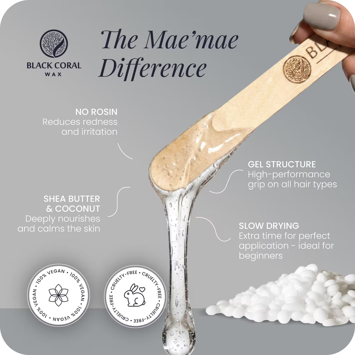 Mae'mae wax elasticity – rosin-free, shea butter and coconut nourishing formula, slow dry, vegan and cruelty-free