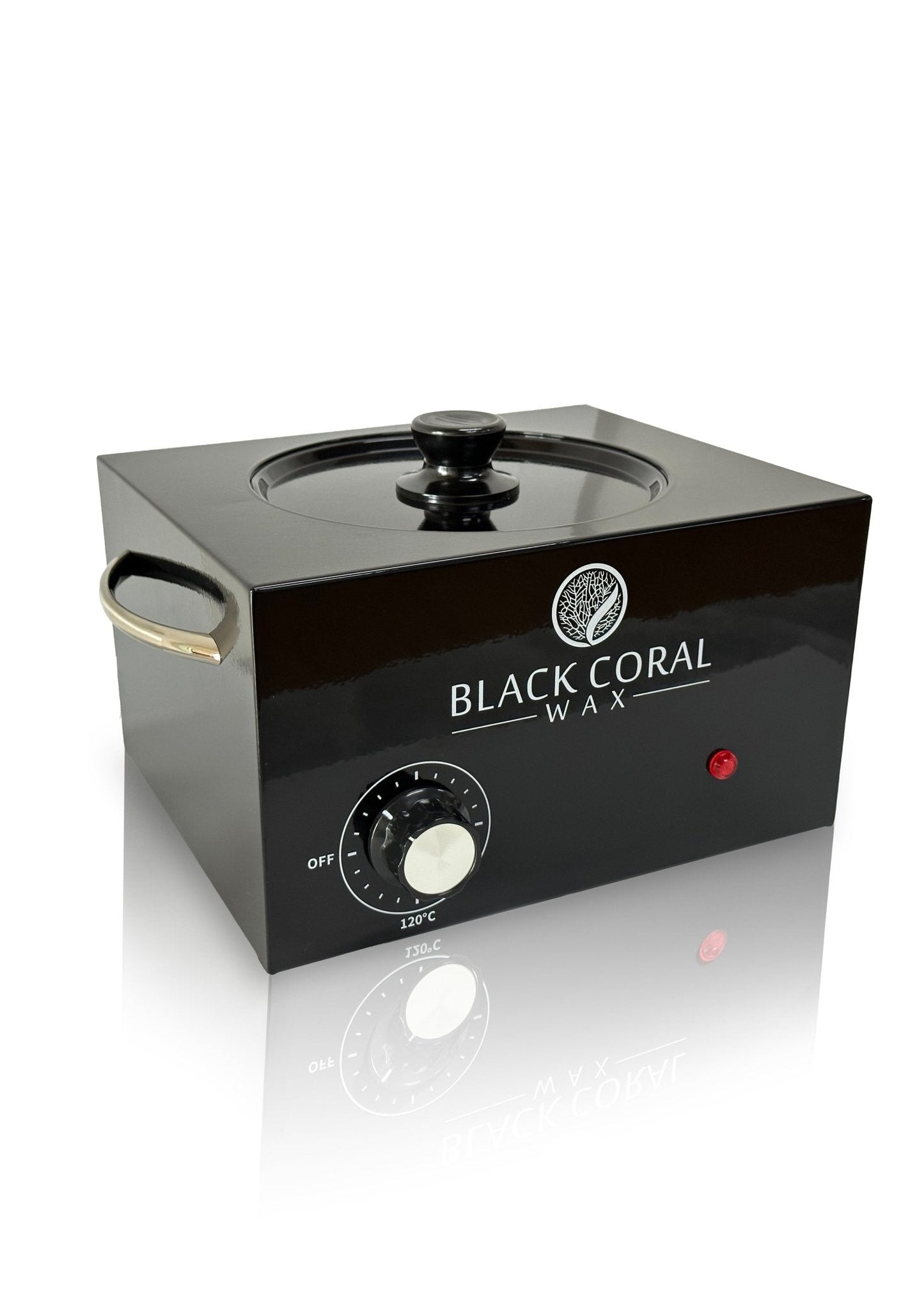 The Black Coral Wax USA 5lb Warmer + FREE Hard Wax features a black design with a lid, side handles, temperature dial, red indicator light, and the Black Coral Wax USA logo on the front.