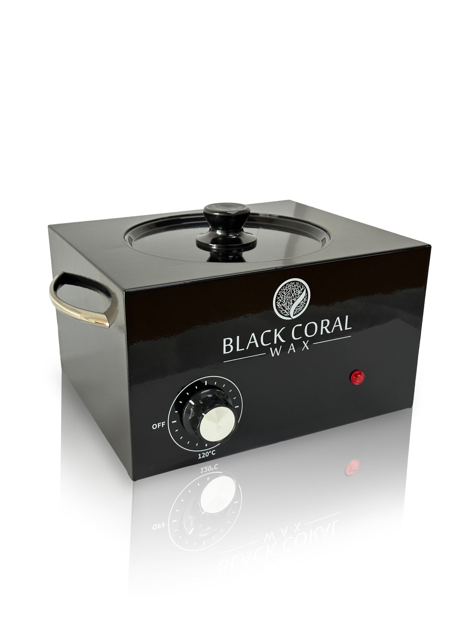 The Black Coral Wax USA 5lb Warmer + FREE Hard Wax features a black design with a lid, side handles, temperature dial, red indicator light, and the Black Coral Wax USA logo on the front.