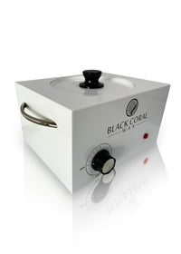 The 5lb Warmer + FREE Hard Wax by Black Coral Wax USA features a white design with a lid, adjustable temperature knob, side handle, and indicator light, displayed against a plain white background.