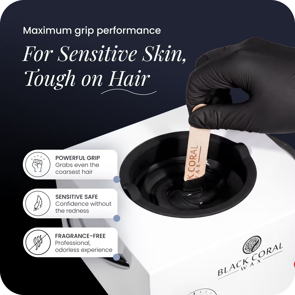 Esthetician using Black Coral hard wax warmer – strong grip formula, sensitive skin safe, fragrance-free