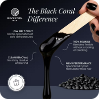 Black Coral hard wax dripping from spatula – low melt point, clean removal, flexible formula, cruelty-free