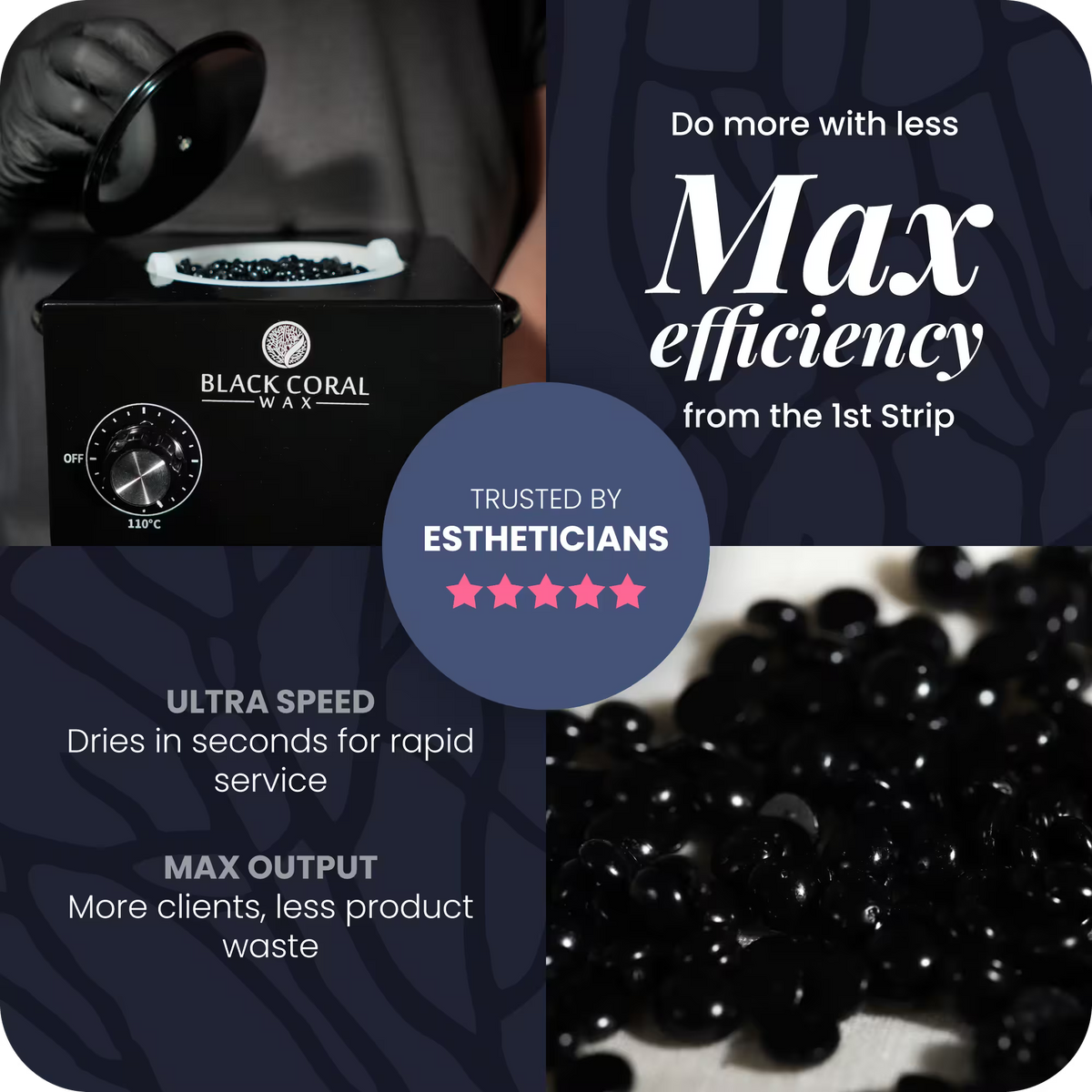Black Coral Wax warmer and hard wax beads – ultra-fast drying, max output per session, trusted by estheticians