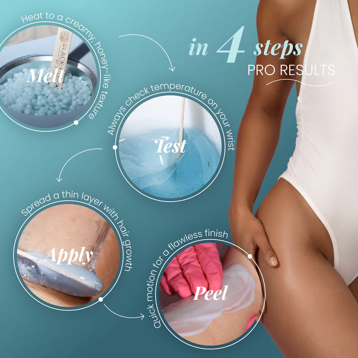 Kai wax 4-step guide – melt, temperature check on wrist, apply with hair growth, quick peel for flawless results