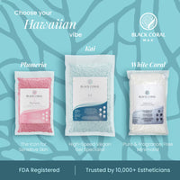 Black Coral Wax lineup – Plumeria sensitive icon, Kai vegan speed specialist, White Coral fragrance-free, FDA registered