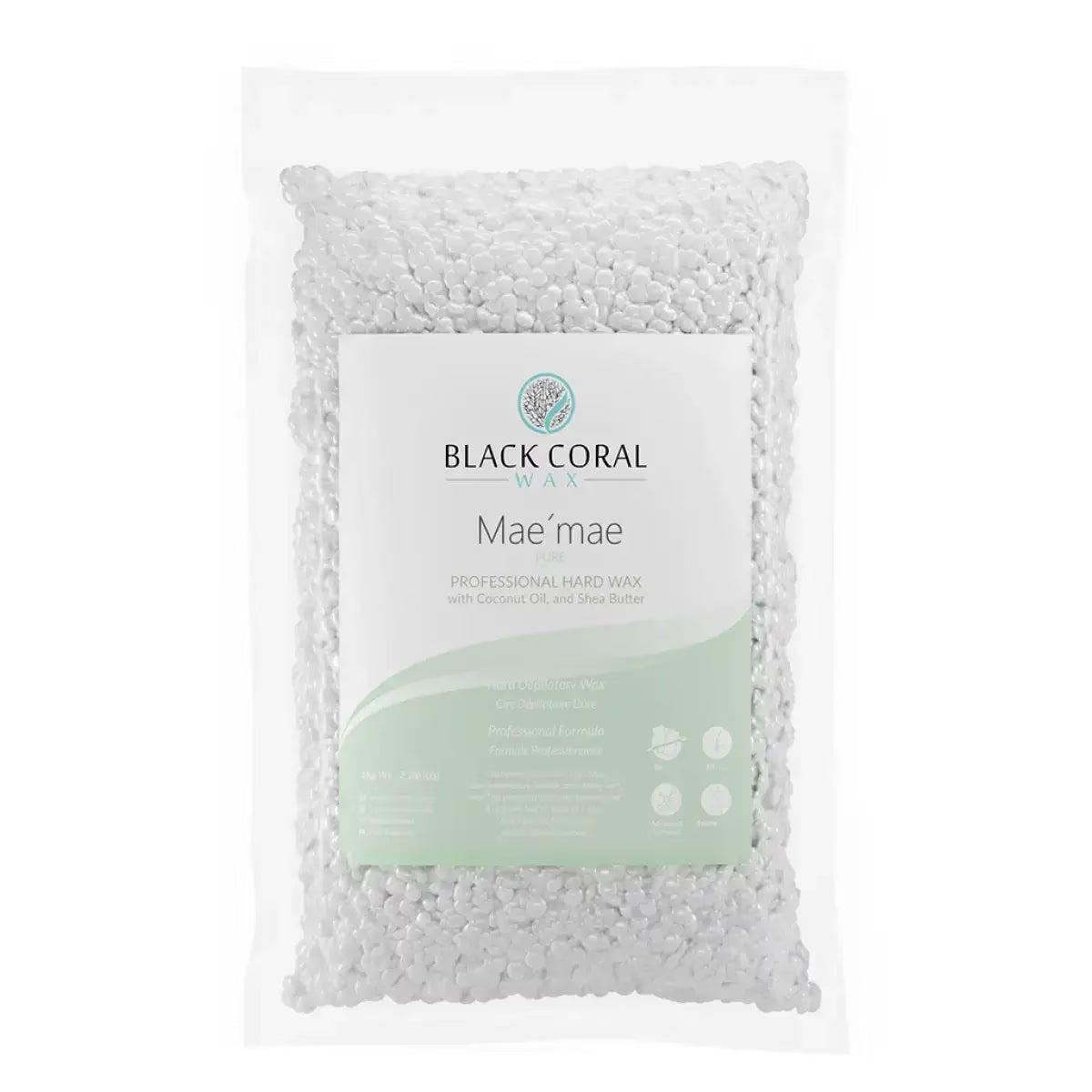 A clear plastic bag filled with white wax beads from Black Coral Wax Canada, labeled Mae Mae Hard Wax
