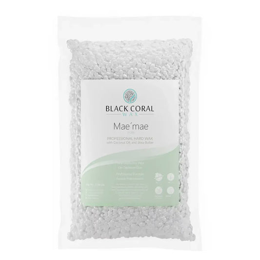 A clear plastic bag filled with white wax beads from Black Coral Wax Canada, labeled Mae Mae Hard Wax