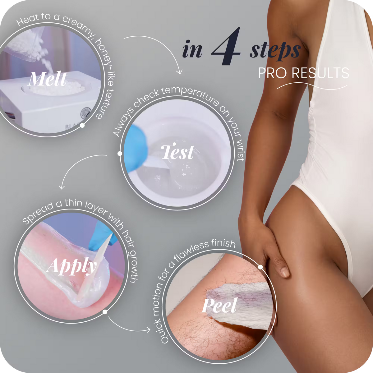 Mae'mae wax application guide – melt, test on wrist, apply thin layer with hair growth, peel for flawless results