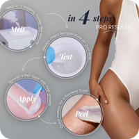 Mae'mae wax application guide – melt, test on wrist, apply thin layer with hair growth, peel for flawless results