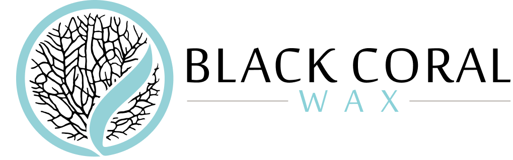 Logo with a stylized coral design inside a light blue circle on the left. A diagonal white leaf overlays the coral. To the right, the text reads REZ WAX with two horizontal lines flanking WAX.