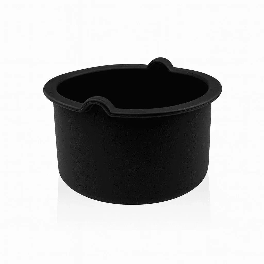 The Black Coral Wax USA Silicone Wax Warmer Insert is a black, cylindrical silicone bowl with two pouring spouts on opposite sides, shown against a plain white background.